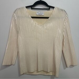 Vintage St. John Evening Cream V-Neck Women's Embellishment Sweater Top Spring